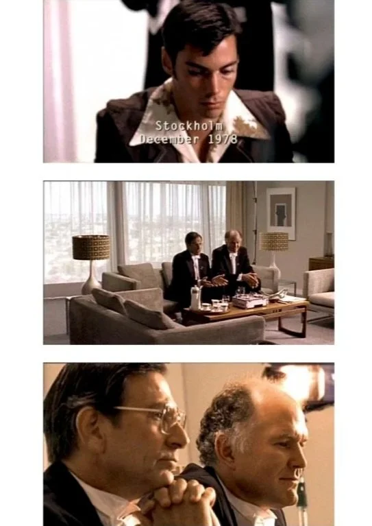 Collage of three scenes: first a young man with a 1978 Stockholm date overlay, second two men in suits sitting in a modern office, third two men in suits sitting in a meeting or discussion.