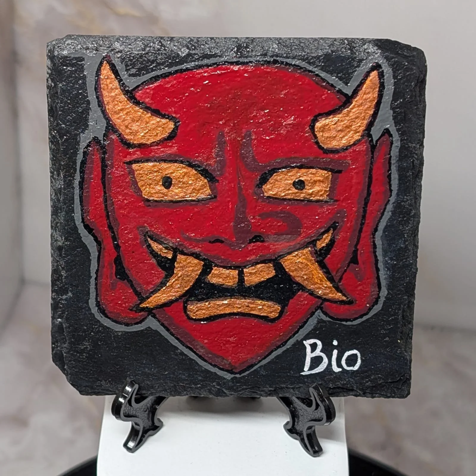Hand Painted Oni Mask on Slate Coaster