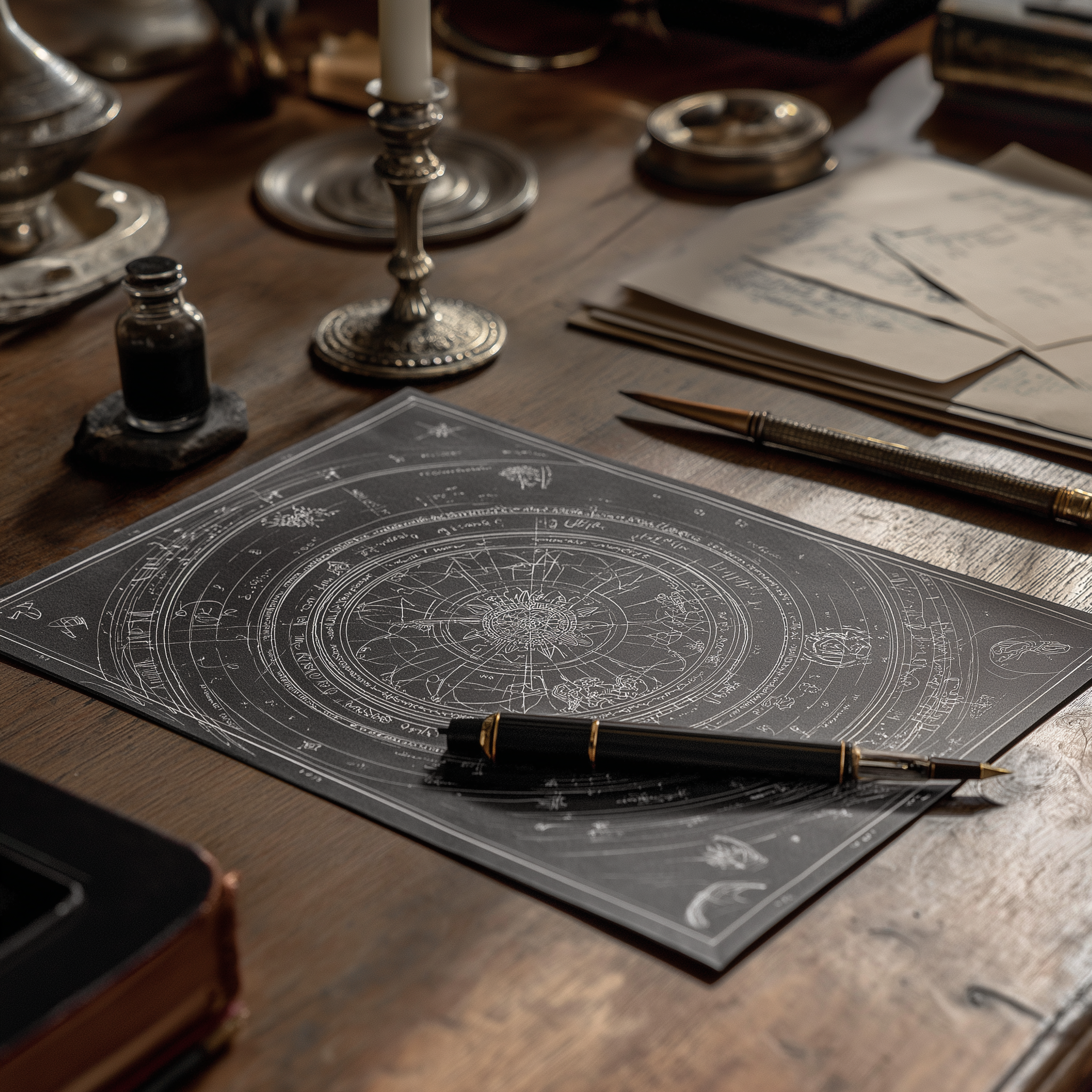 A detailed astrological chart or star map on black paper, with a black and gold fountain pen resting on it, surrounded by candles, books, and silver candle holders on a wooden table.