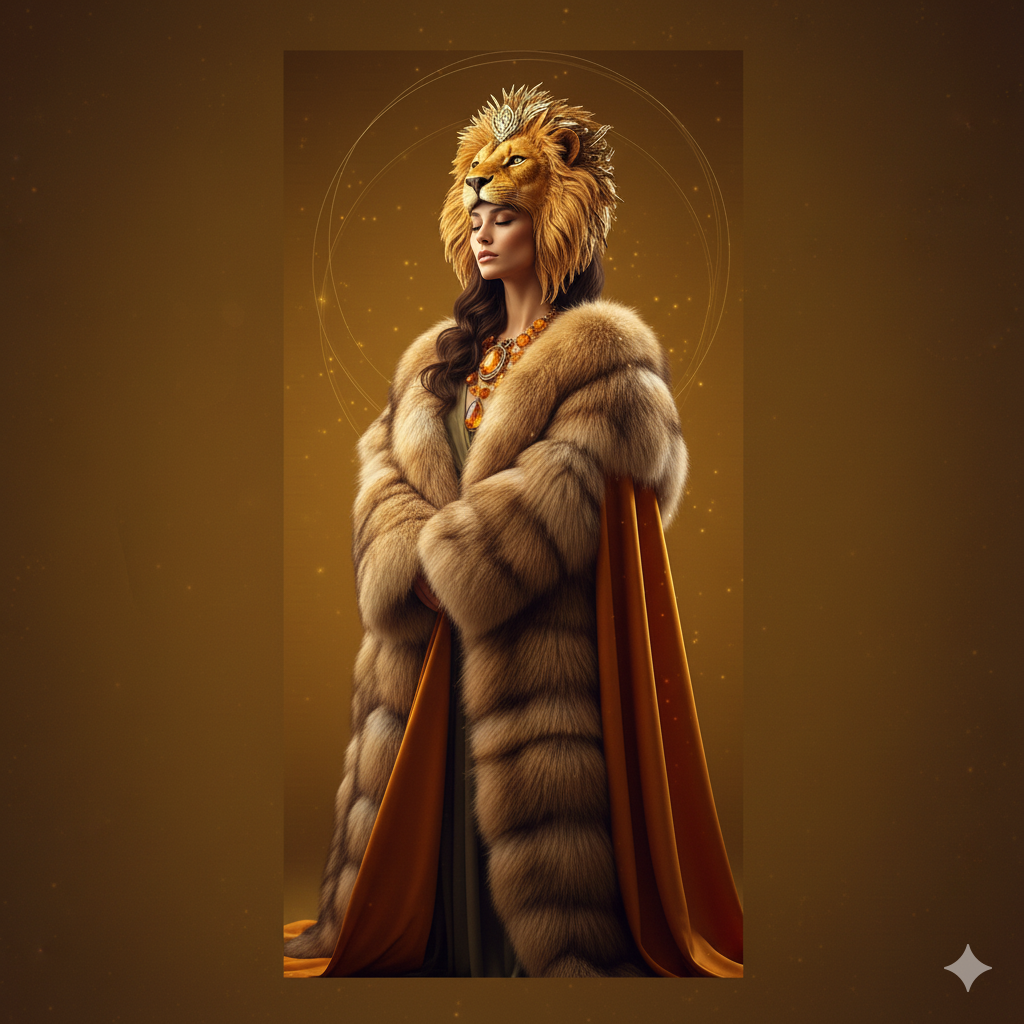 A woman in a regal fur coat and elegant jewelry is wearing a lion's head headdress. The background features a golden, mystical design with glowing particles.