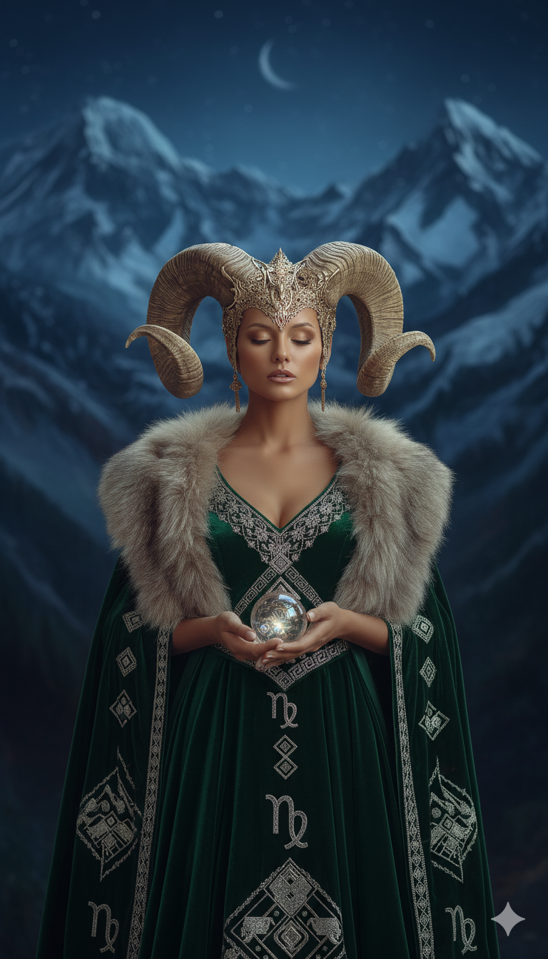 A woman dressed as a mystical character with large ram horn headpiece, emerald green gown with silver embroidery, and fur stole, holding a glowing crystal ball against a backdrop of snow-covered mountains and a crescent moon.