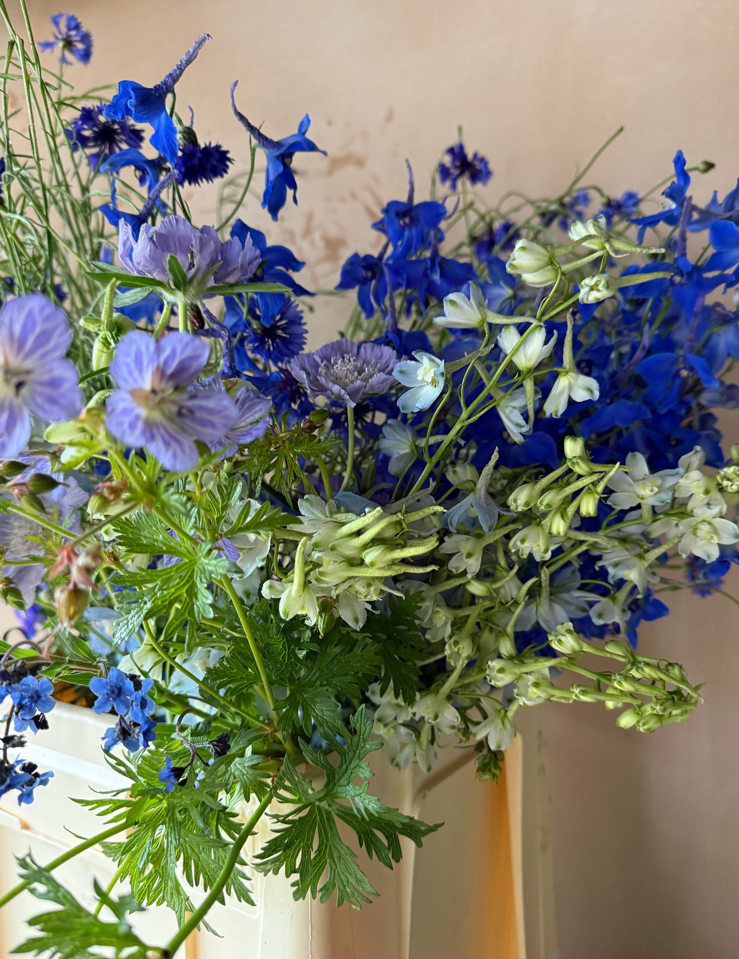 The Blue Edit || 
Curated palette buckets of blue shades for a press event | Delphinium, &lsquo;Butterfly Blue&rsquo;; Delphinium &lsquo;Aurora&rsquo;; Delphinium Belladonna &lsquo;Clivedon Beauty&rsquo;; Chinese Forget-me-not, &lsquo;Blue Showers&rs