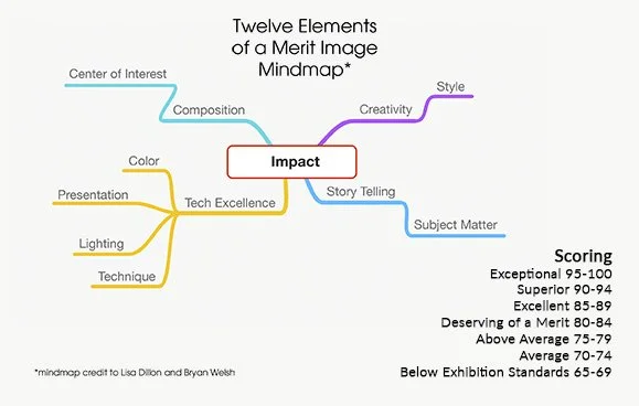 A mind map showing the twelve elements of a merit image, with Impact at the center, branching into categories like Composition, Creativity, Story Telling, Subject Matter, Tech Excellence, Presentation, Color, Lighting, Technique, and Center of Interest. Scoring standards are listed at the bottom right.