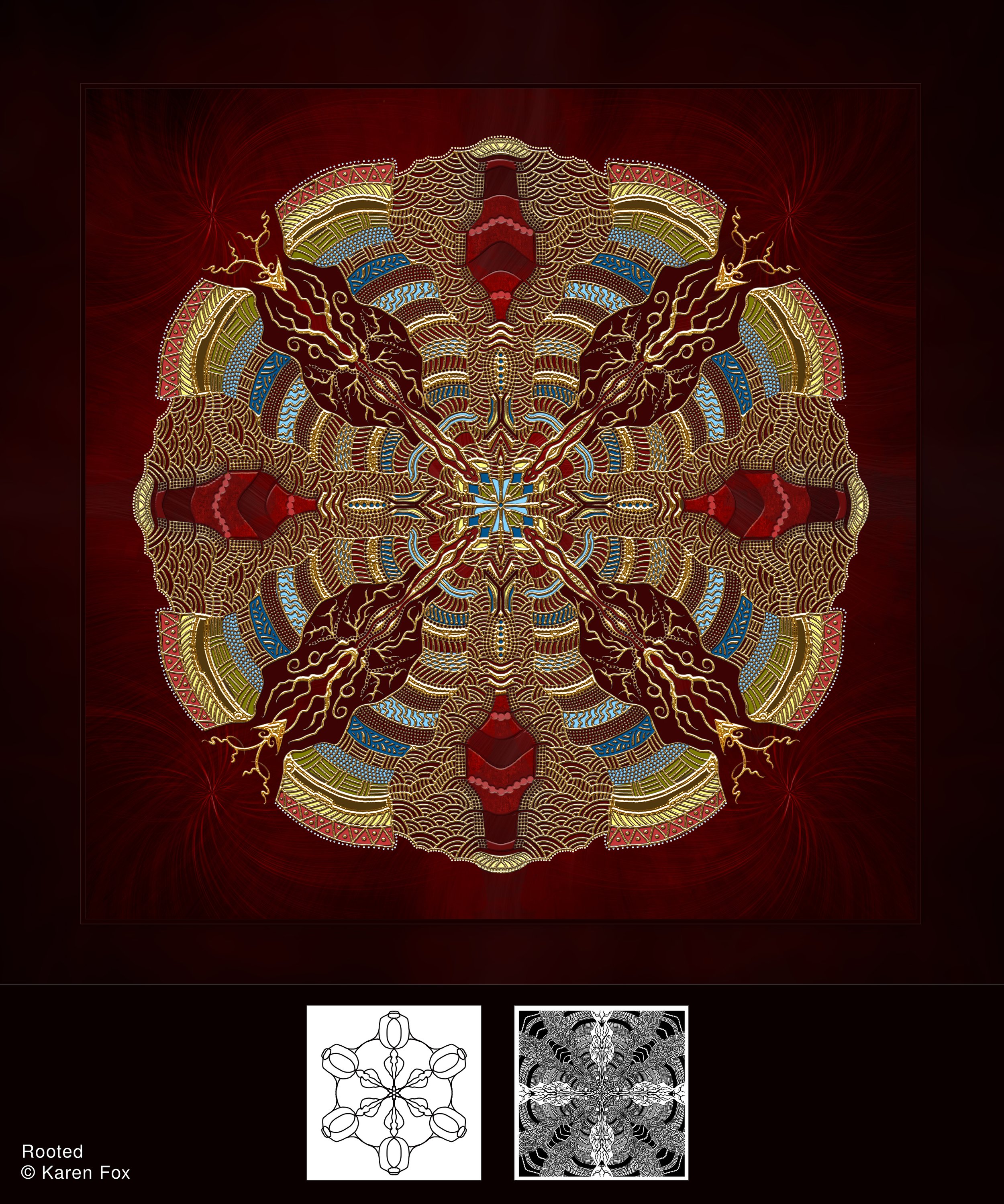 Intricate, symmetrical digital artwork with gold, red, and blue patterns resembling a mandala or an abstract face, set against a dark red background.