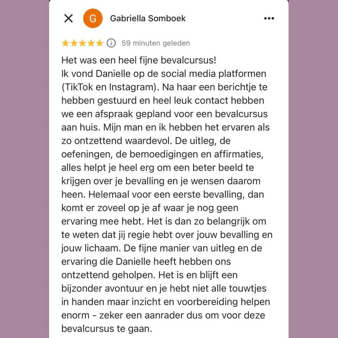 Zulke lieve woorden van Gabriella 🥰 

Samen met haar man volgde ze de priv&eacute;cursus.
Nu mag ze loslaten en vertrouwen. Uitkijken naar de bevalling, in plaats van ertegenop zien.Want dat is wat er gebeurt als je echt begrijpt wat je lichaam kan 