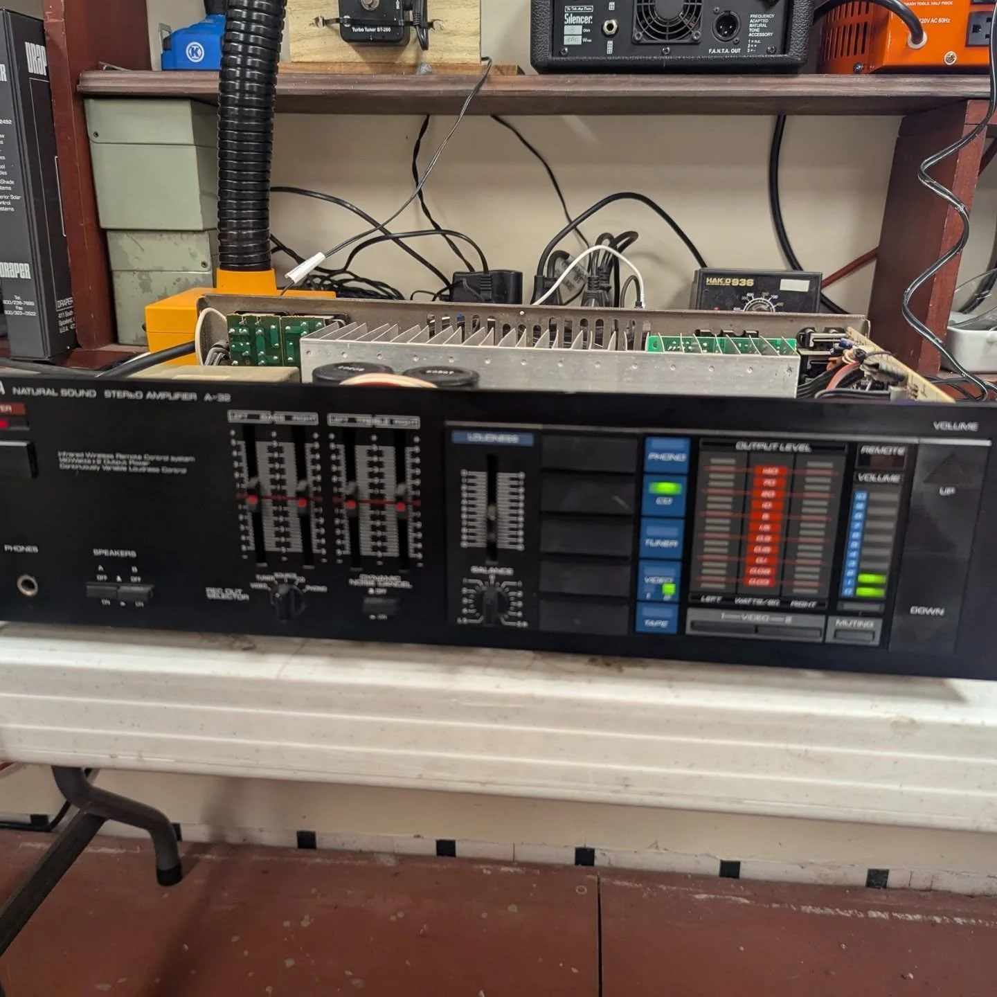 This vintage Yamaha A-32 is a real powerhouse integrated amp, 140 watts rms stereo, with CD, phono, and tape inputs. It's everything Id want in an amp and nothing I don't. It had several blown traces and bad solder joints, but luckily none of the cri