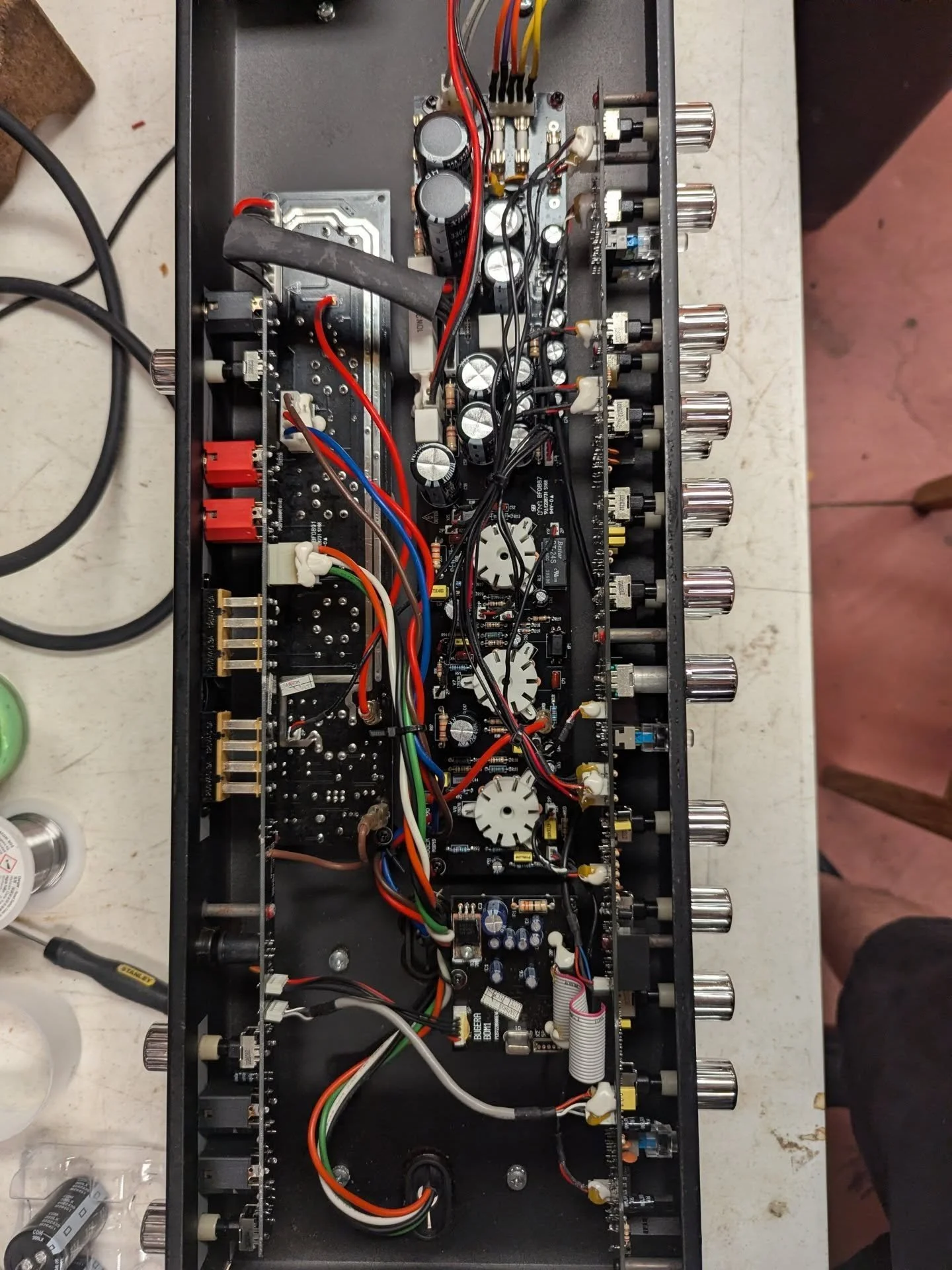 Inside a Bugera 333 amp, genuinely pleasantly surprised by what I saw. I think the only things I'd change are the super cheap tubes (which failed in this particular amp), and cheap filter caps. But overall, very solid build. I've seen a lot worse on 