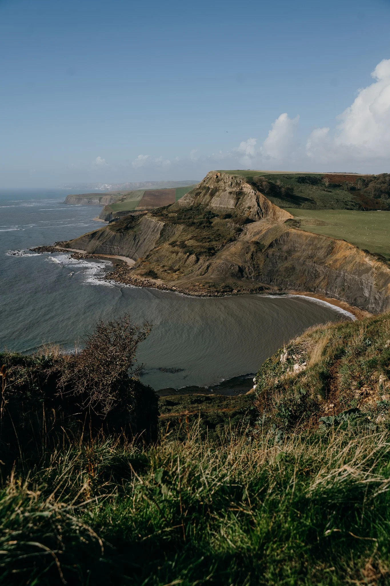 Coastal cliffs and shoreline with grassy foreground under a partly cloudy sky.