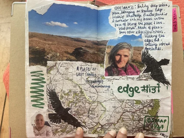 A scrapbook layout with a landscape photo, a portrait of a woman, and a map overlay, featuring handwritten notes, black bird illustrations, and decorative elements.