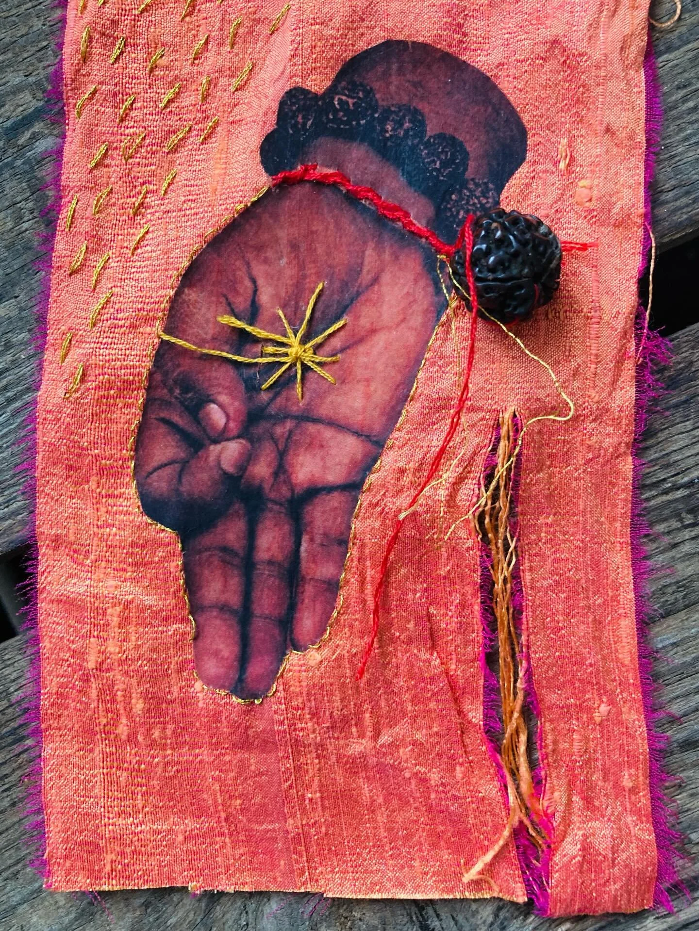 Grandmother II (patrilineal) ancestral scroll-in-progress. 

Sleepless night filled with golden stitches. Breathing with  stitches, passing time until sleep came back. 

*Hand of destiny* panel. Raw silk from old patchwork curtain (silk given by my M