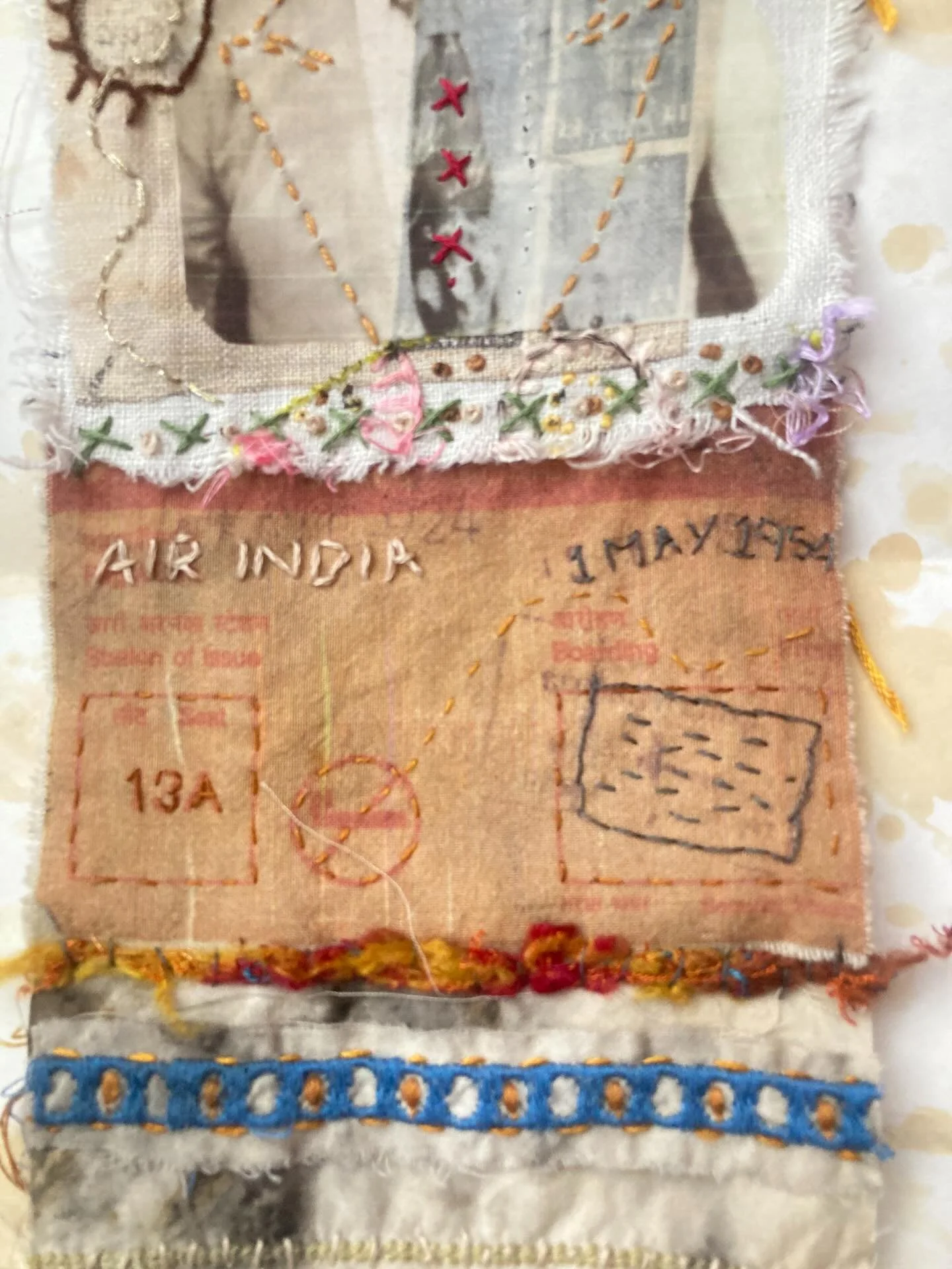 Grandmother II scroll-in-progress. 

Air India boarding pass panel. Just need to stitch my Dad's name on it. This is an image of a 1990's Indian Airlines boarding pass (I think!) so a little imaginative leap as my Dad arrived by plane in England in 1