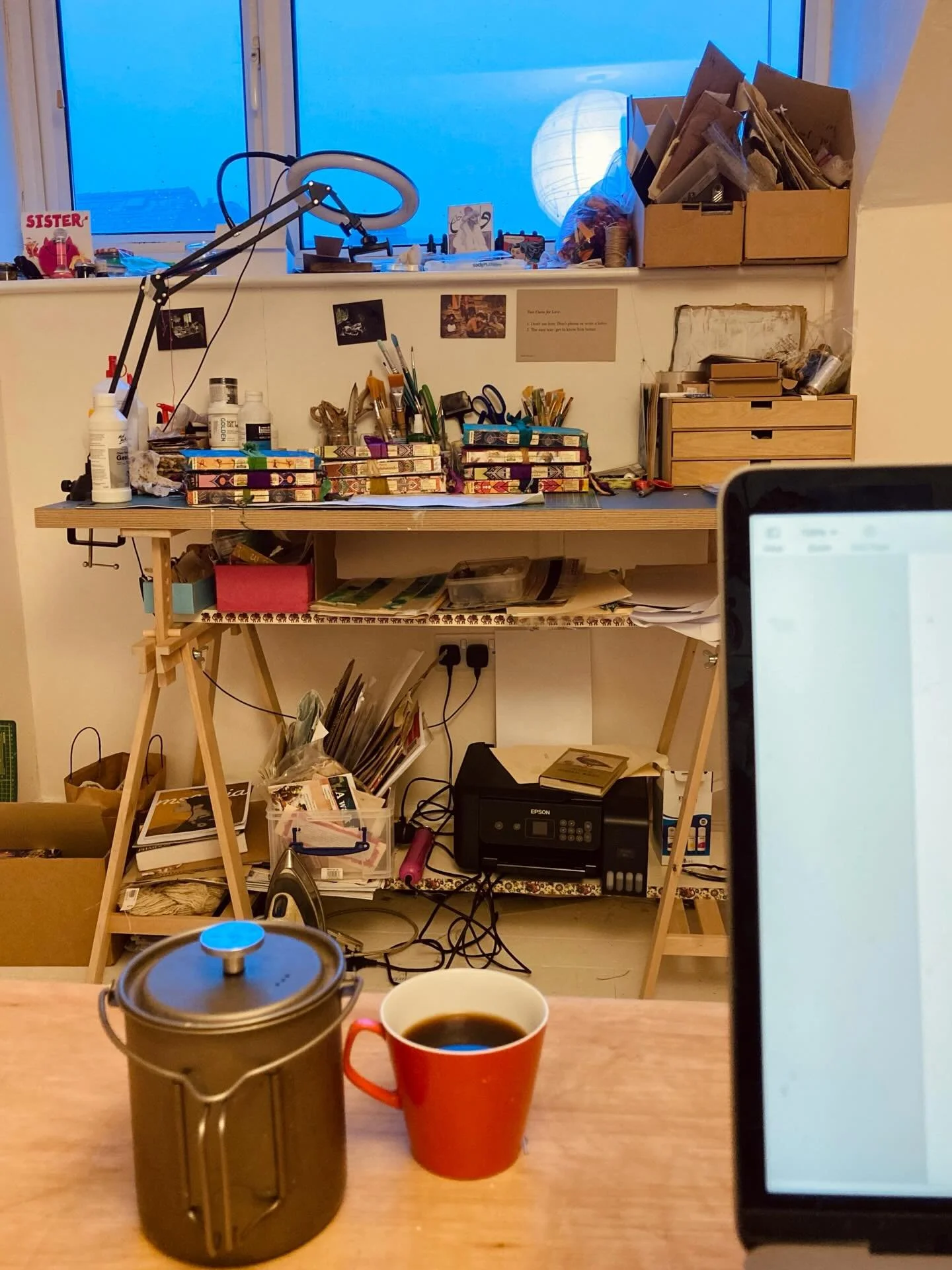 My Monday morning from the laptop. 

Making words this morning. 

Blackbirds &amp; blue tits singing. New-moon lampshading illuminating. 
Mist. 
Coffee in my Mum's old cup. Quiet messy joy. 

Blessings for the week ahead 🙏🏽💚
.
.
.
.
.
#creativelif