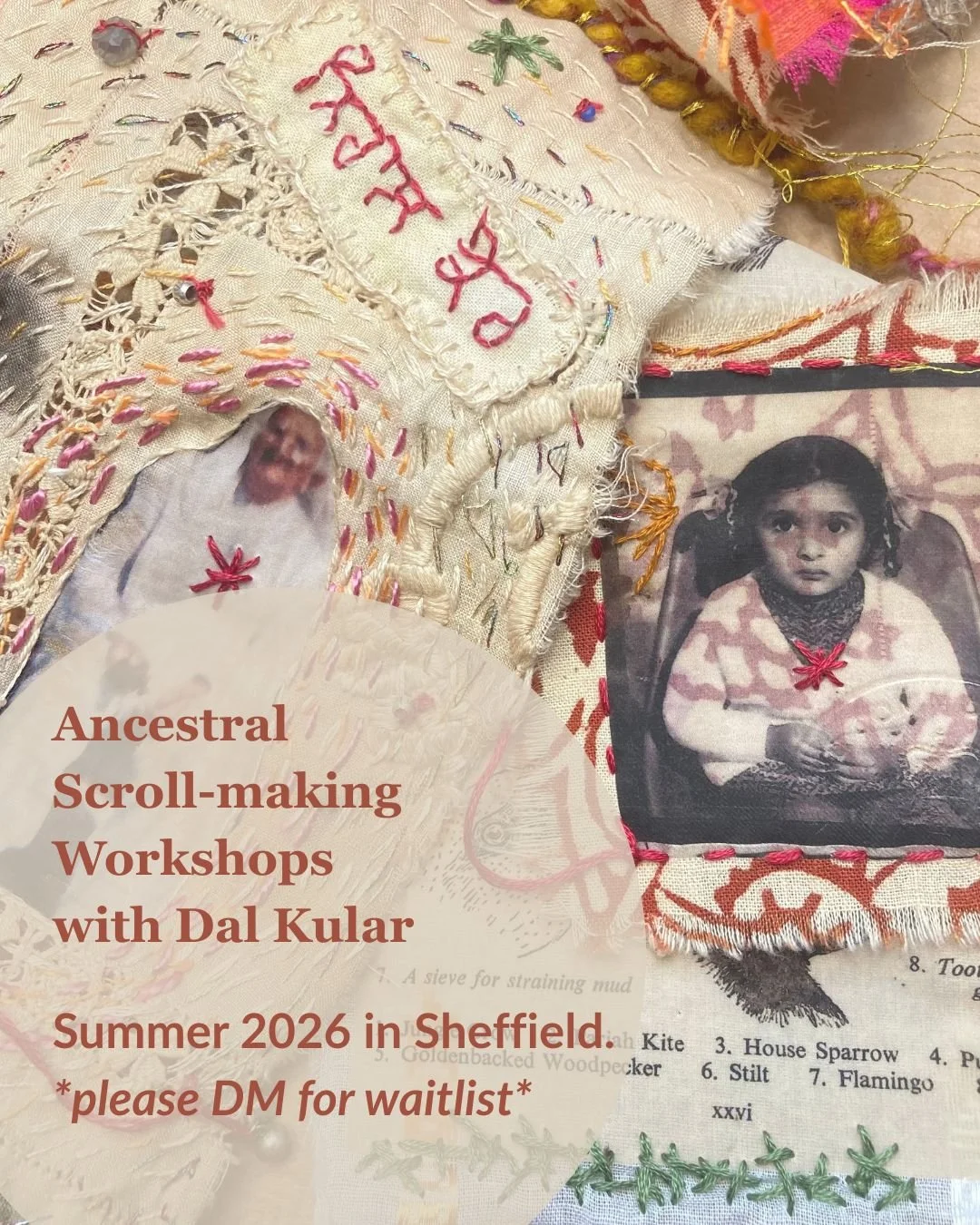 Ancestral Scroll-making workshops are happening this summer in Sheffield! 

Learn about my ancestral scroll-making process and how to create your own. We'll be sharing stories, connecting with our ancestors, and joining the threads and stitches to be