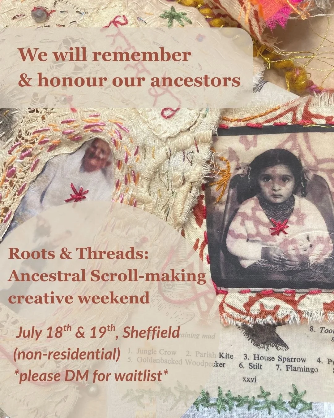 Save the date! 

Roots &amp; Threads: Ancestral Scroll-making creative weekend retreat is HAPPENING on July 18th &amp; 19th 2026 10am - 4pm each day, Sheffield. I'm very excited! 

More details and booking info to be shared in April. Please DM me or 