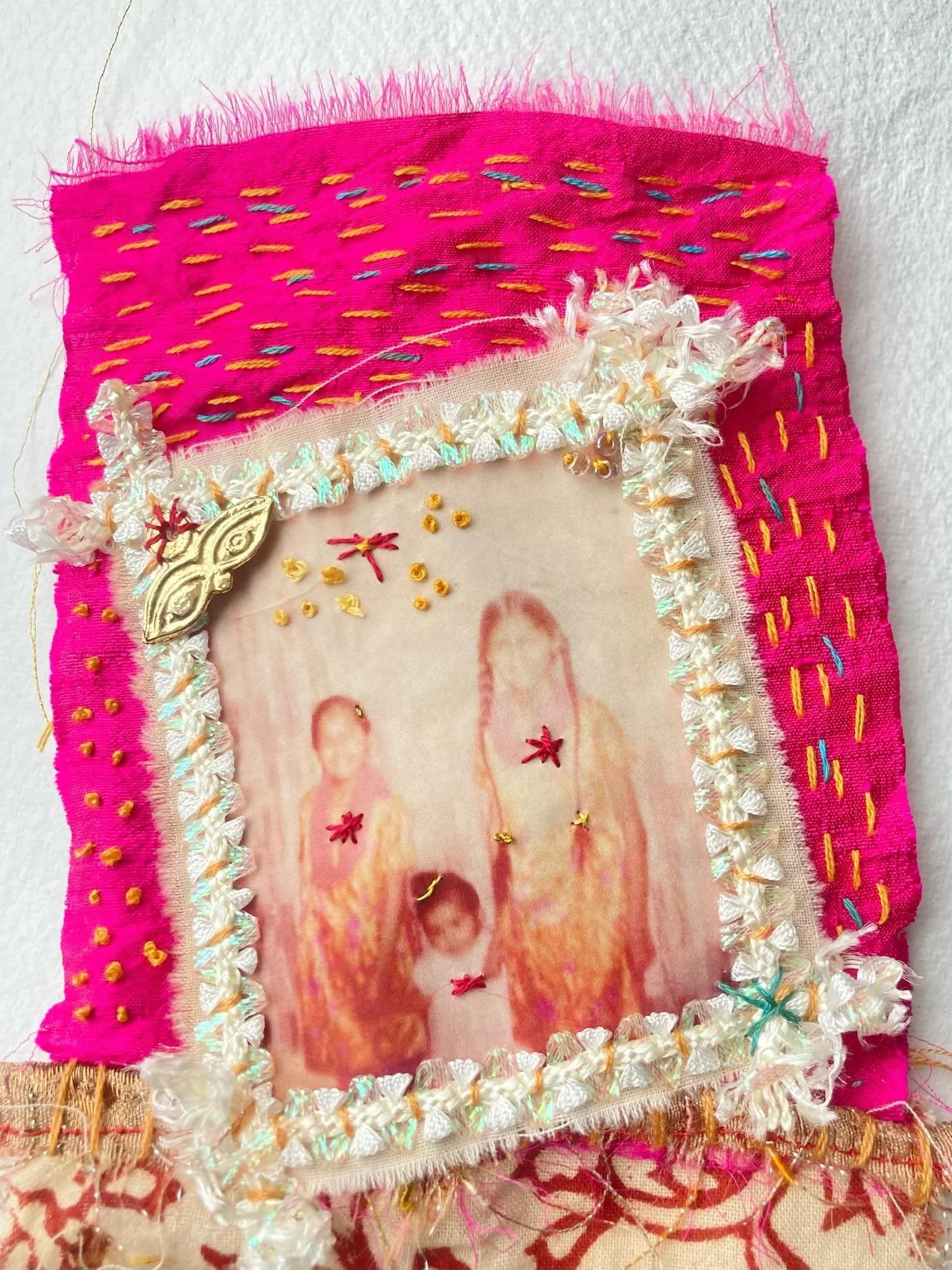 Ancestral/sibling scroll in progress. 

Possessed by the spirit of my Mum and my inner four year old, this panel emerged. I had to obey. I take no responsibility. Homage to my Mum's trinket cabinet and love of sparkly things. And the little temple in