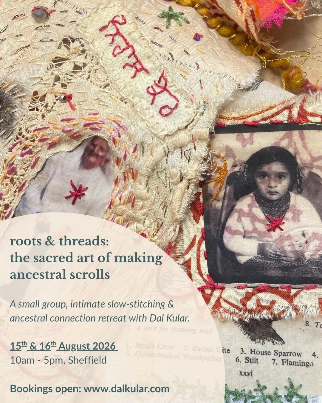 CREATIVE WORKSHOP (in-person, finally!) 

roots &amp; threads: the sacred art of making ancestral scrolls. 

A small group, intimate slow-stitching &amp; ancestral connection retreat with me. 

I'll be sharing my knowledge and skills openly. 

"