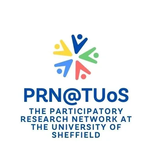 Logo for PRN@TUs featuring colorful abstract human figures forming a circle, with text indicating it's the Participatory Research Network at the University of Sheffield.