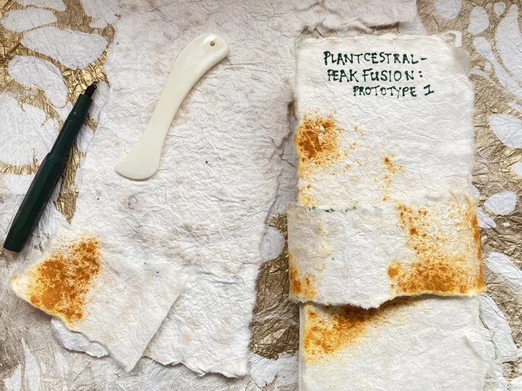 A crumpled piece of paper with handwritten text reading 'PLANTCESTRAL-PEAK FUSION: PROTOTYPE 1', surrounded by scattered orange spice powder, with an ink pen, a white plastic tool, and torn pieces of paper on a textured surface.