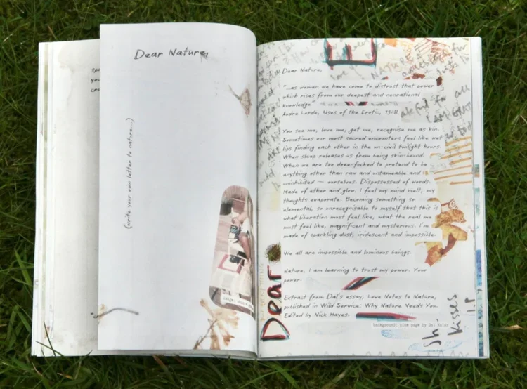 Open journal with handwritten and printed notes, surrounded by grass outdoors.