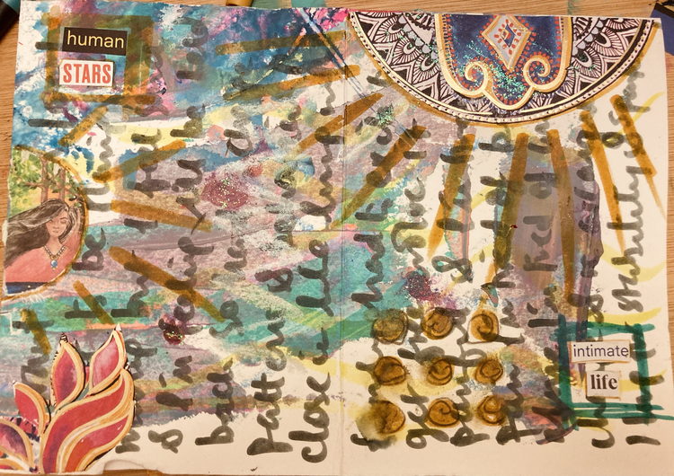 Collage with colorful abstract background, stickers with words 'human', 'stars', 'intimate', and 'life', a woman illustration, decorative patterns, and handwritten text.