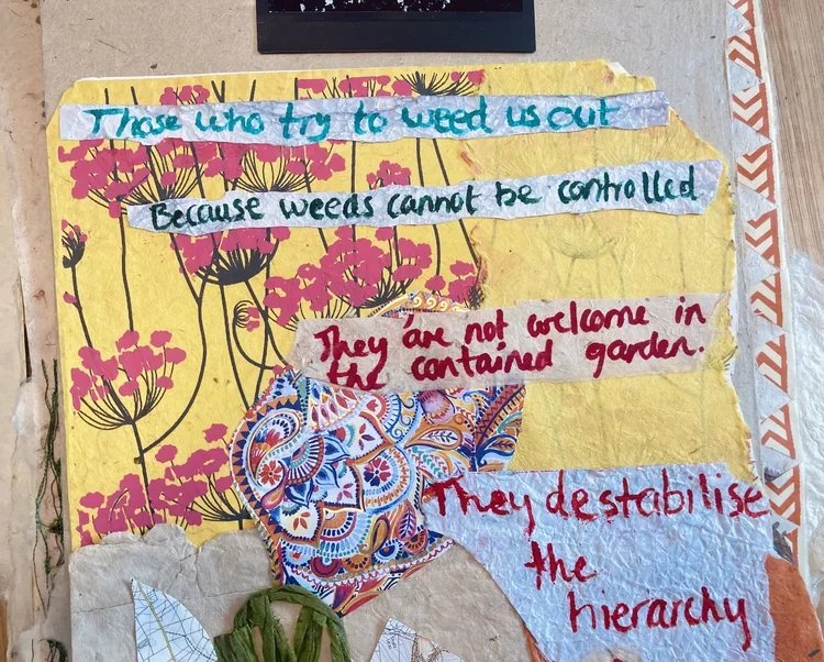 Mixed media collage featuring torn paper with handwriting and illustrations, including pink flowers, a decorative circular pattern, and green leaves.