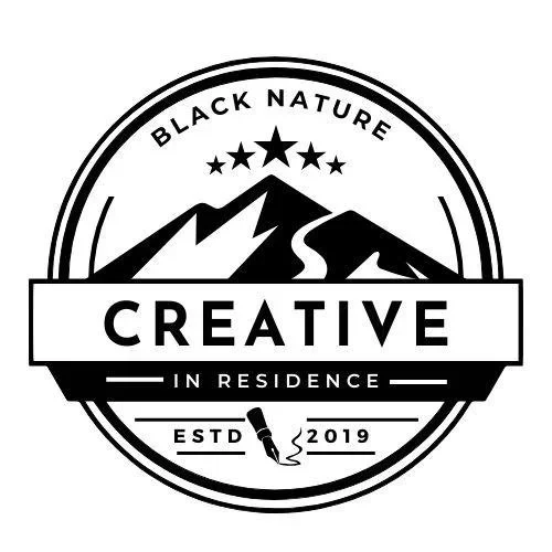 Logo with mountain landscape, stars, and text reading 'Black Nature Creative in Residence estd 2019'.