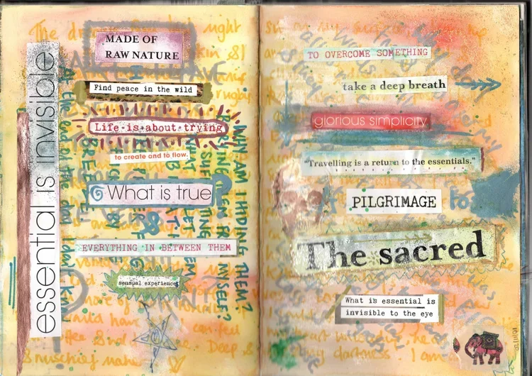 Decorative journal pages with colorful handwritten notes, stamped words, and cut-out phrases emphasizing themes of nature, peace, truth, simplicity, and sacredness, including a small illustration of an elephant.