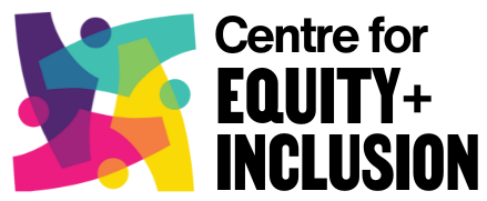 Colorful abstract logo with overlapping geometric shapes and the text 'Centre for Equity and Inclusion' in Black.