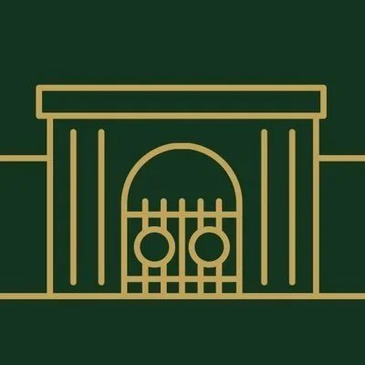 Minimalist line drawing of a building with a rounded gate and bars, against a dark green background.
