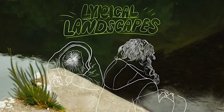 A neon sign reading 'Lyrical Landscapes' above a chalk drawing of two people sitting on the ground with a plant nearby, reflected in a body of water.