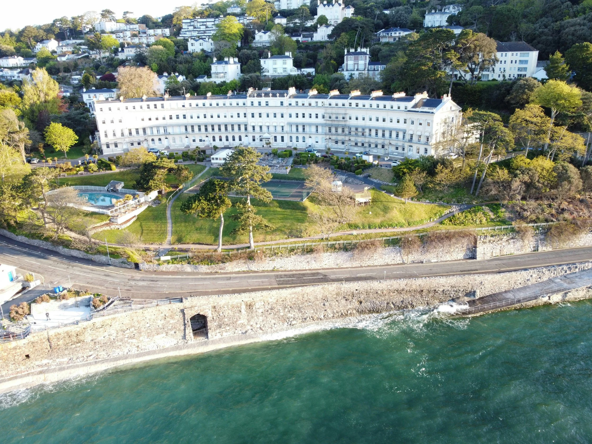 Aerial view of The Osborne Hotel in Torquay, Devon, overlooking the sea, a wedding venue hosting its Autumn Wedding Fair.