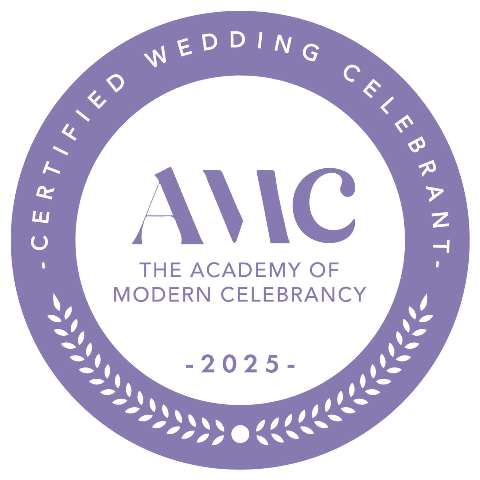 Purple circular badge with black background, featuring text for AMC The Academy of Modern Celebrancy, February 2025, and decorative laurel leaves around the border.