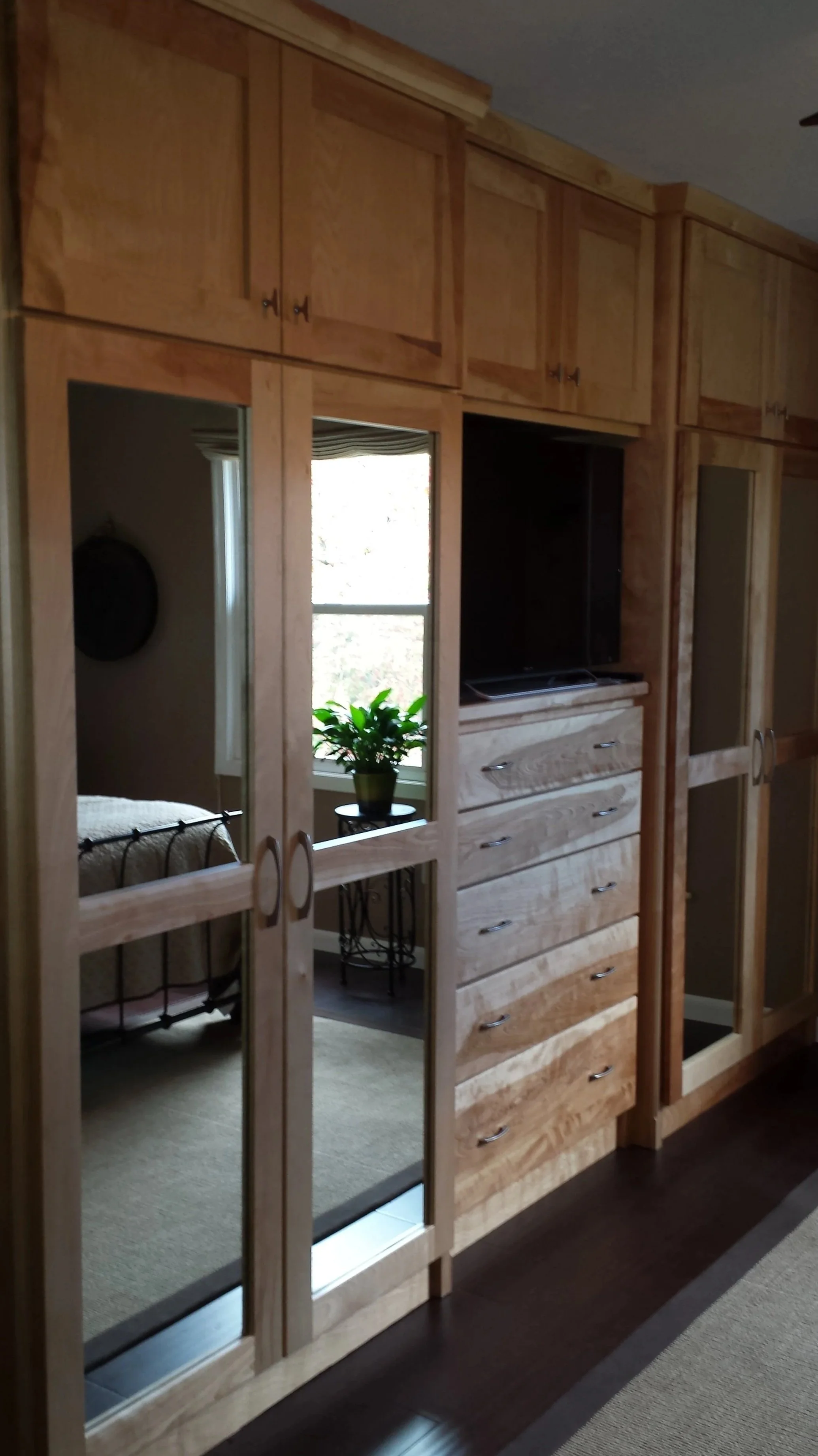 Wooden built-in closet with mirrored doors, a TV, and drawers, with a plant visible through the mirror reflection.