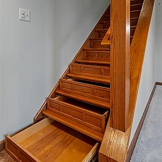 Wooden staircase with open drawers underneath in a hallway
