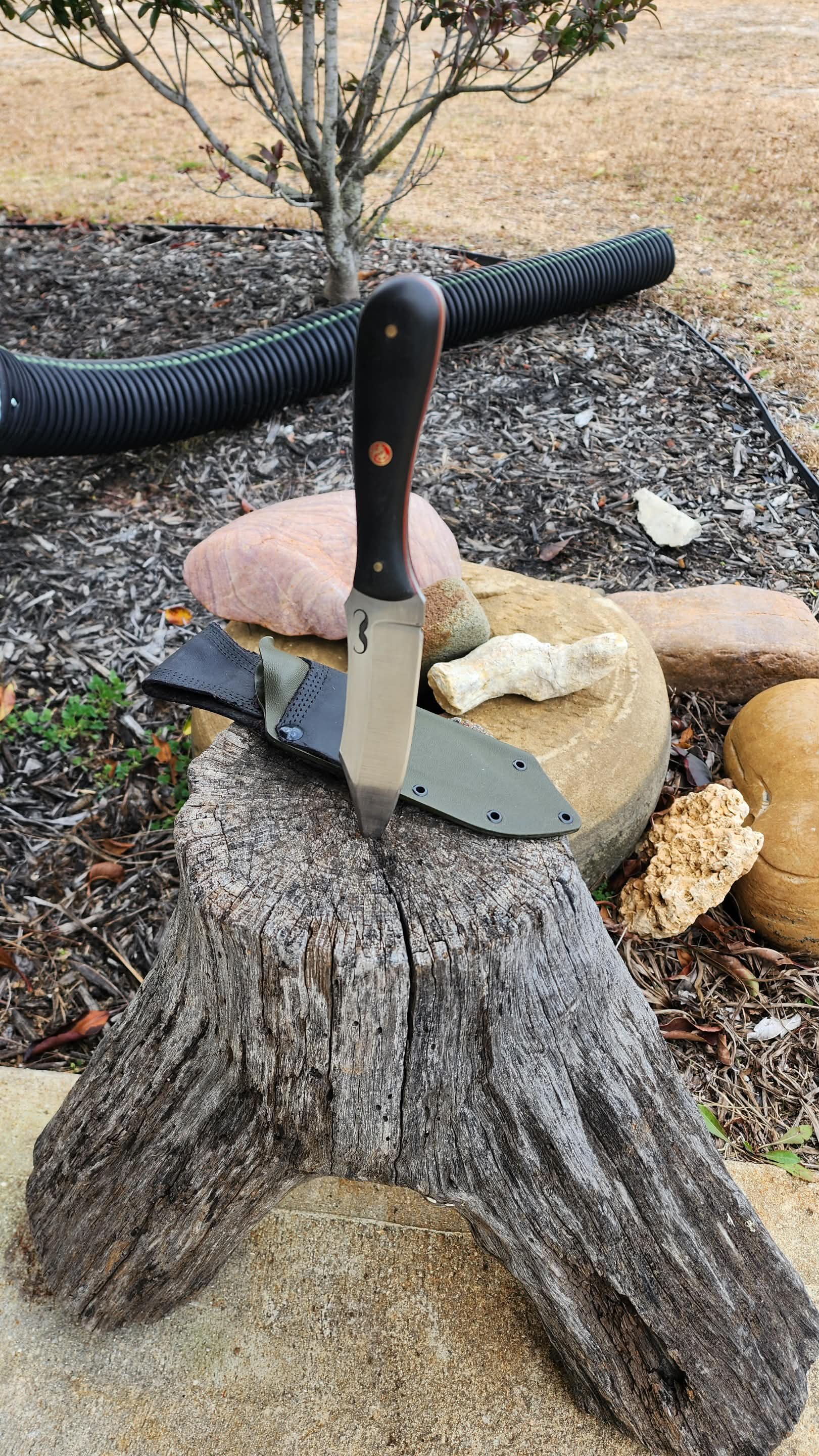 A fixed-blade knife with a black handle stuck into a weathered wooden log outdoors, with rocks and plants in the background.