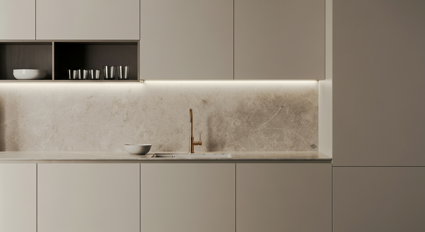 Modern minimalist kitchen with beige cabinets, marble backsplash, single bowl sink, and a built-in cabinet with open shelves containing white bowls and metal cups.
