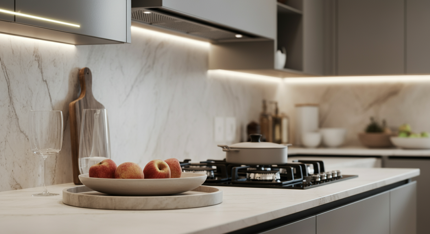 Kitchen countertop with a bowl of apples, two empty wine glasses, a cutting board, stove with a pot, and various kitchen items in the background.