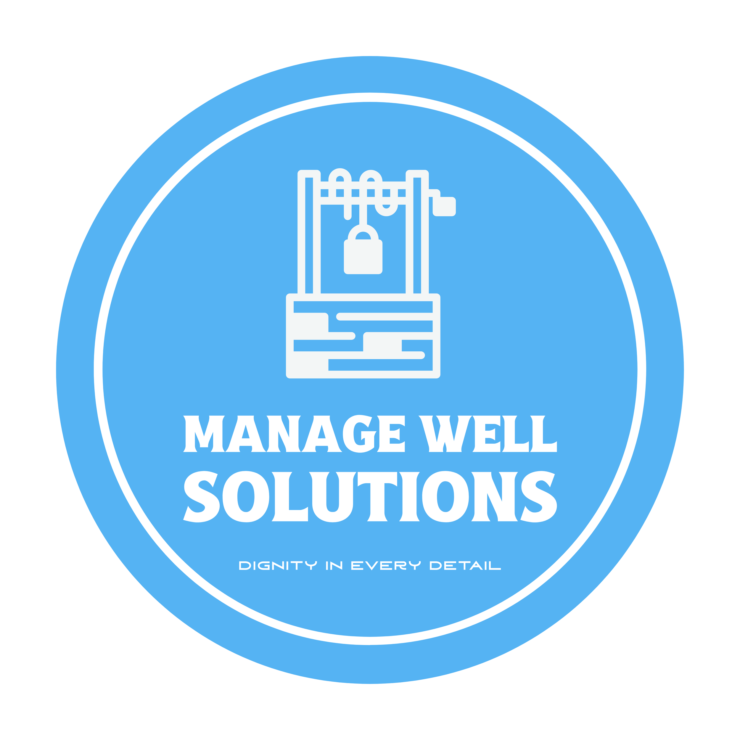 Blue circular badge with a white outline, featuring a line drawing of a well with a bucket and pulley. Below the illustration, the text reads "MANAGE WELL SOLUTIONS" in bold white letters, and at the bottom, it says "DIGNITY IN EVERY DETAIL."