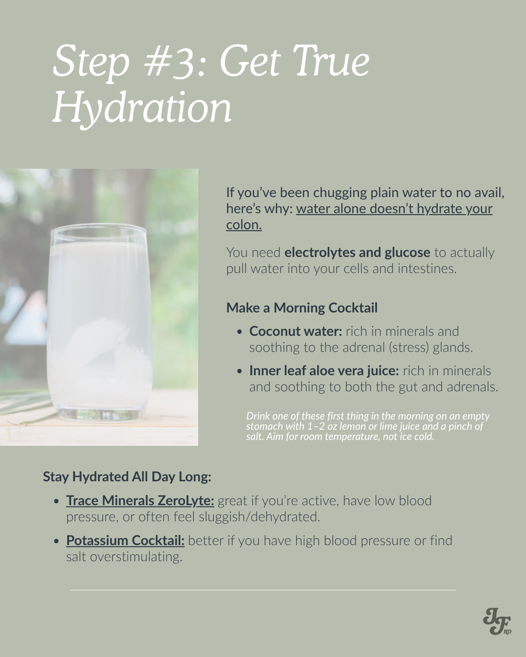 A guide on how to hydrate effectively, featuring a glass of water and tips for making a morning cocktail with coconut water and aloe vera juice.