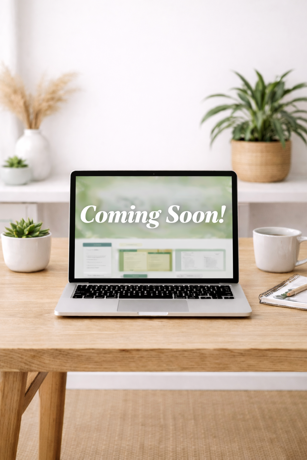 A laptop on a wooden table displays a screen with 'Coming Soon!' text. The table is decorated with a potted plant, a mug, and a notepad with a pen. In the background, there are more potted plants and vases in a bright, minimalist room.