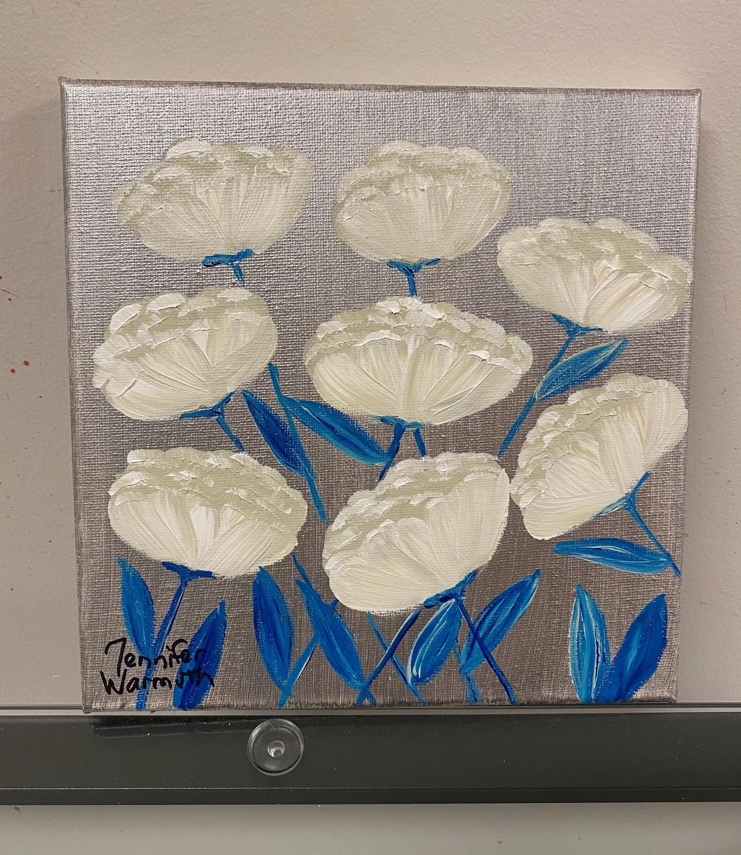 Gorgeous Floral White Poppy Fine Art Painting with Blue Leaves
