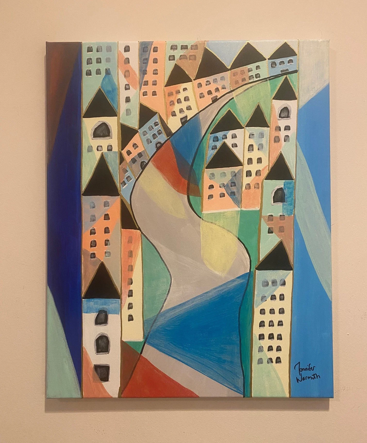 Beautiful, Original Abstract Cubism/Cubist Village Street Scene Painting