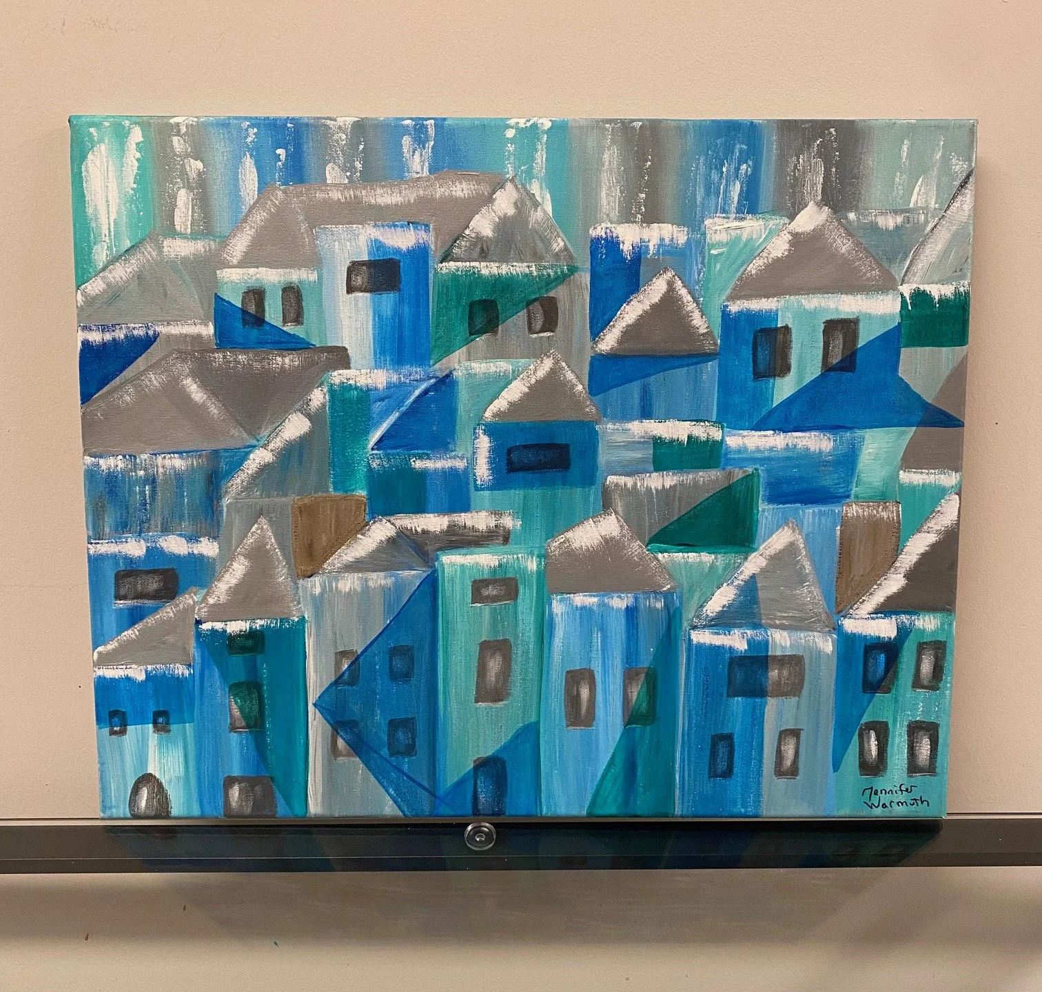 Beautiful, Original Abstract Cubist/Cubism "Snowy Village" Painting,