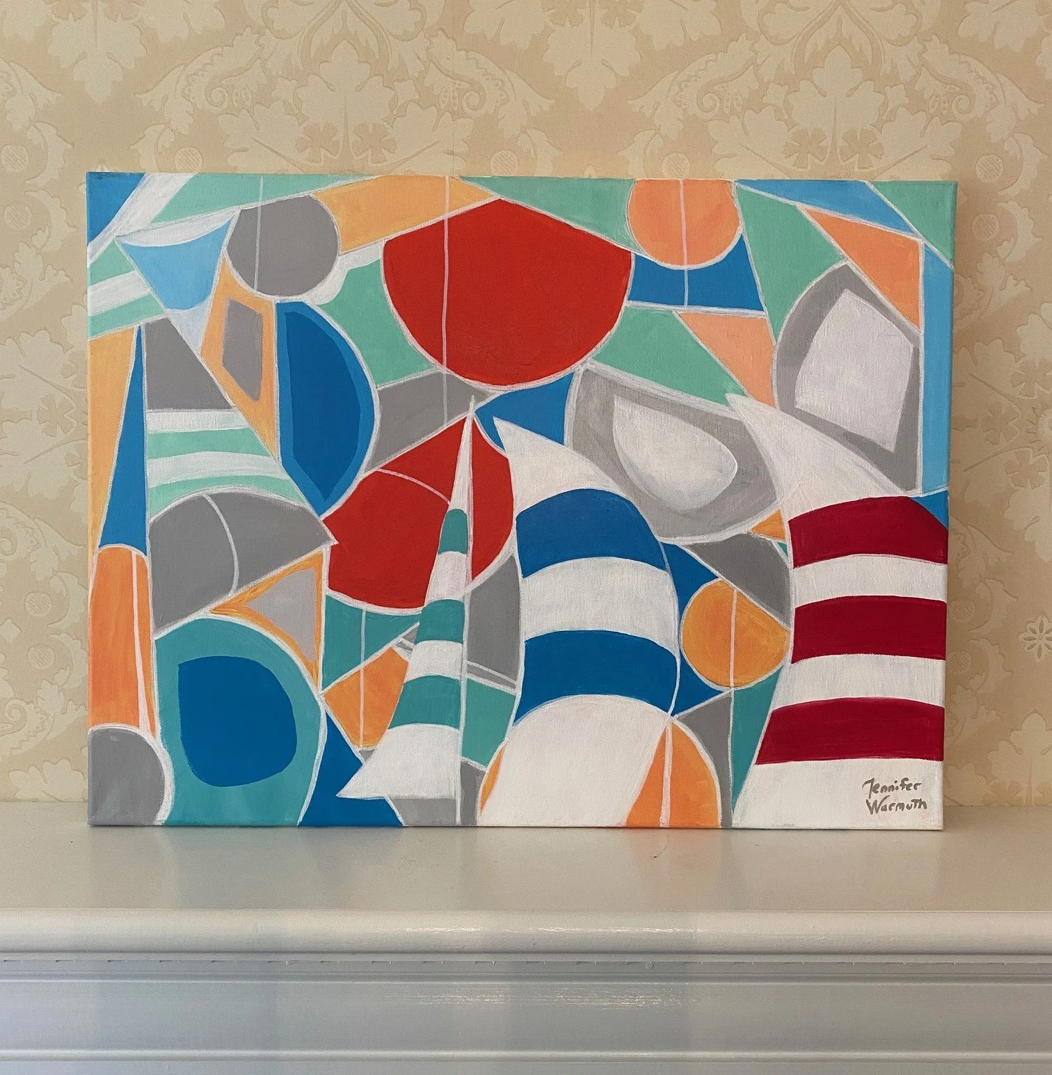 Beautiful, Original Abstract Cubism/Cubist of the Ocean and Sailboats