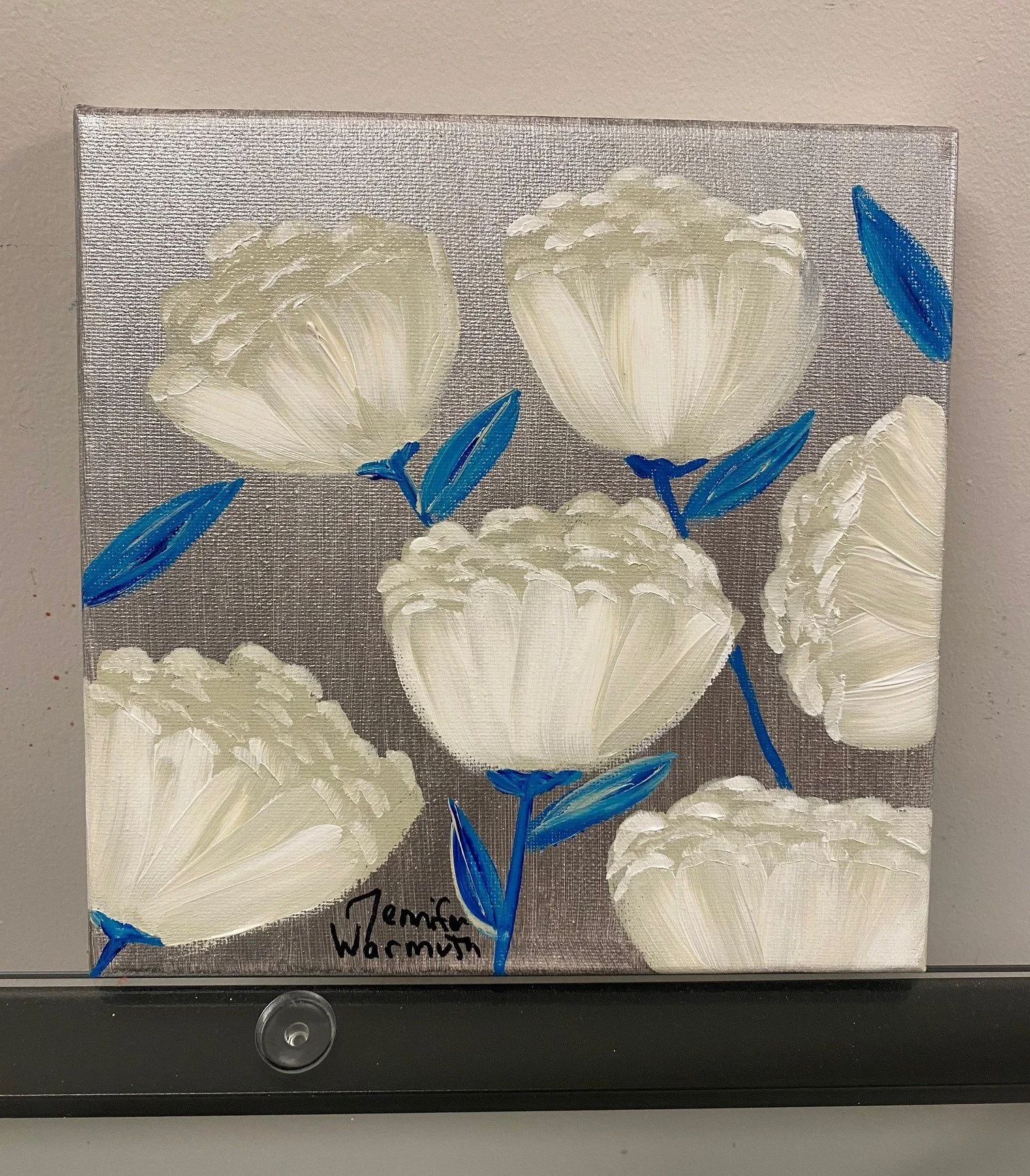 Gorgeous Floral White Tulip Fine Art Painting with Blue Leaves and a Silver Background