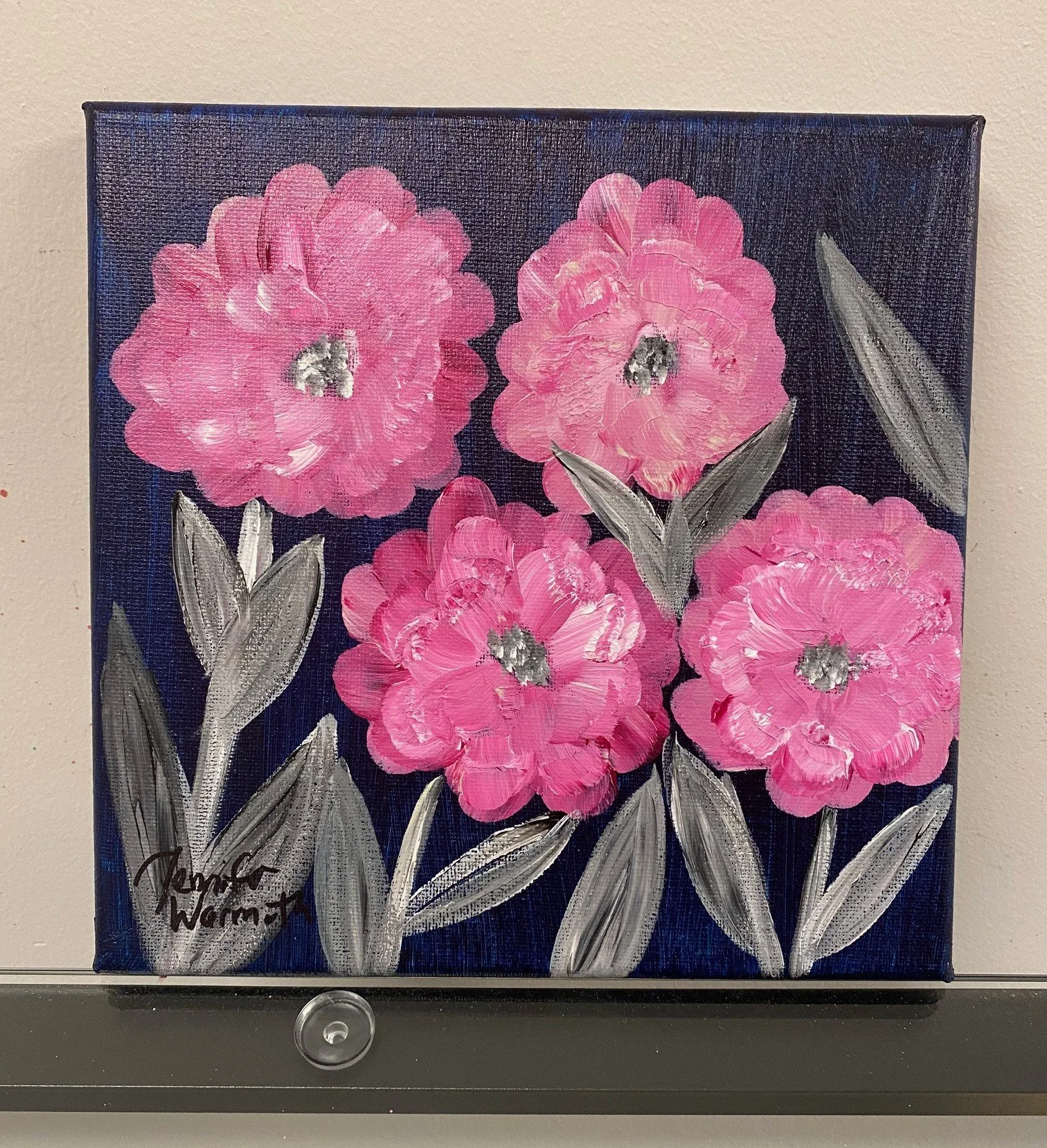 Gorgeous Small Floral Painting with Beautiful Pink Flowers and a Dark Blue Background