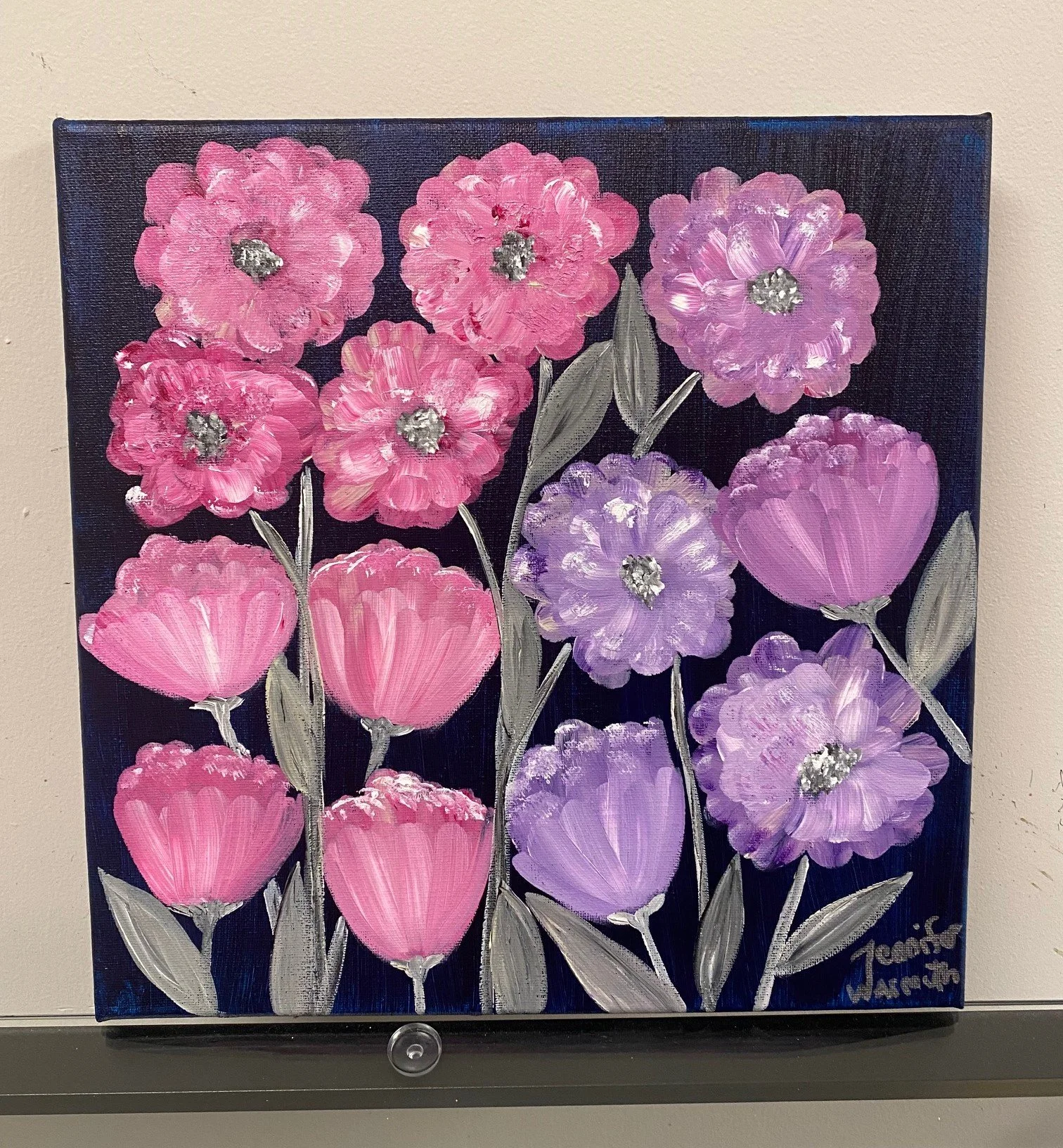 Gorgeous Floral Painting with Beautiful Pink and Purple Colors and a Dark Blue Background