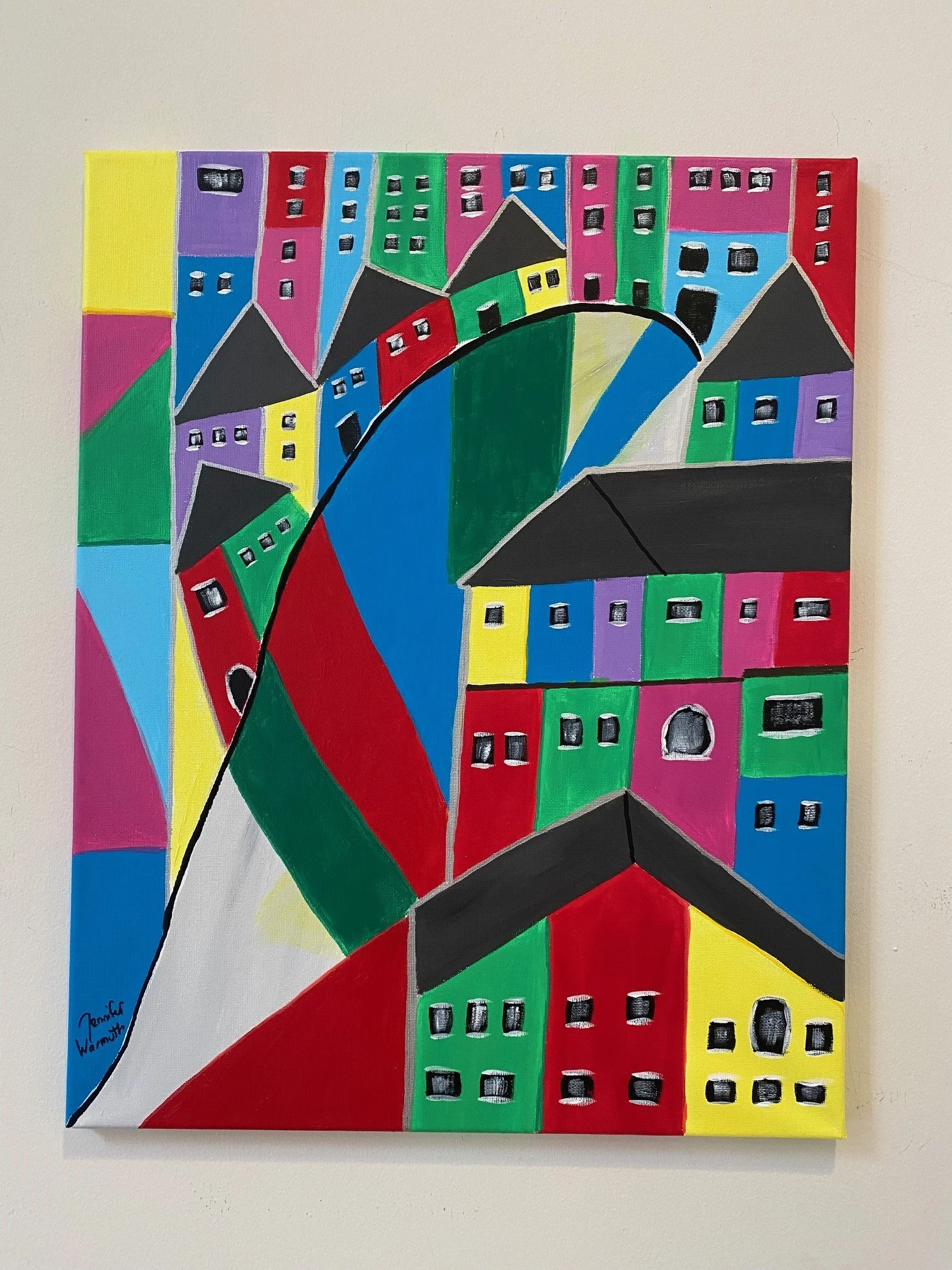 Beautiful, Original Abstract Cubism/Cubist Village Street Scene Painting