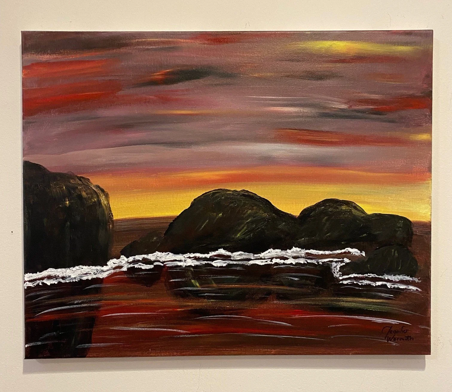 Beautiful Original Painting of a Sunset Behind the Rocks