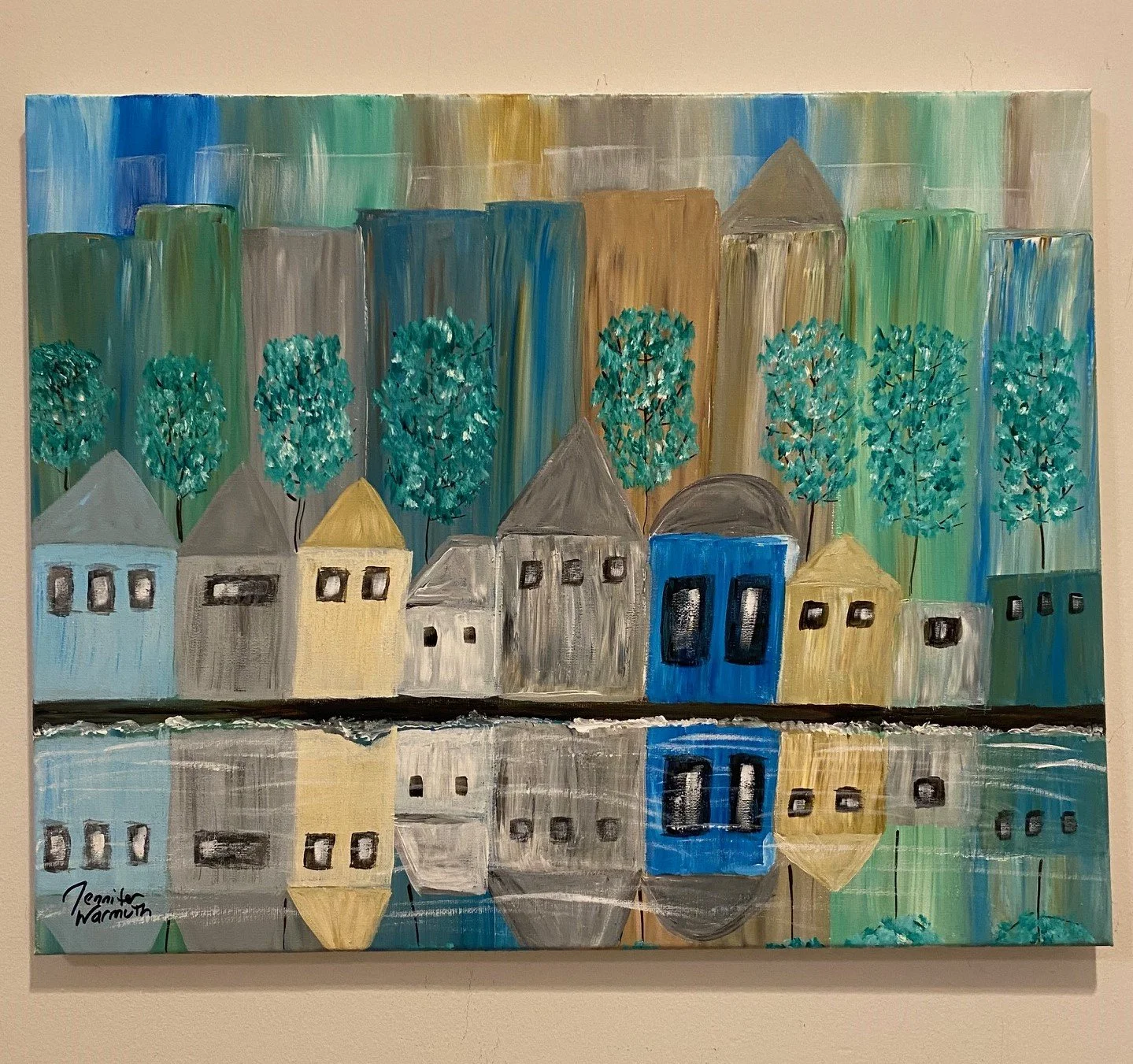 Beautiful Original Painting of a  Village/City on the Water